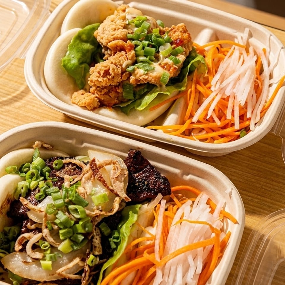 Two takeout containers with bao buns, one with fried chicken, the other with beef and onions.