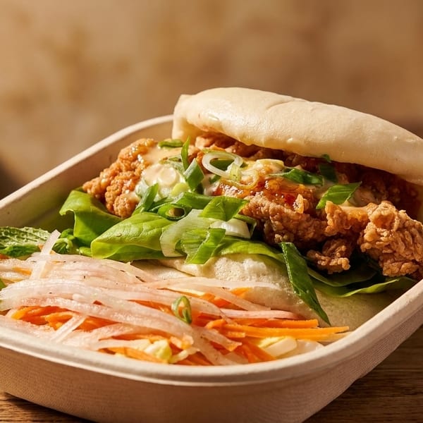 Crispy fried chicken bao bun with lettuce, sauce, and pickled vegetables in a takeout container.
