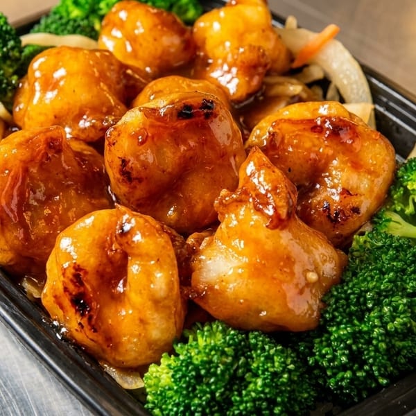 Sweet and sour chicken with broccoli and onions in a black takeout container.