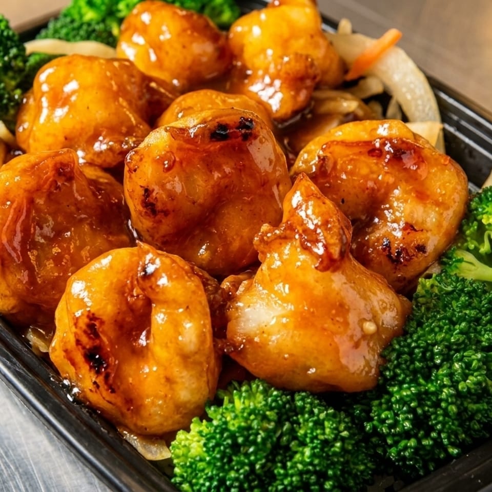 Sweet and sour chicken with broccoli and onions in a black takeout container.