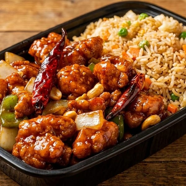 Kung Pao chicken with cashews, peppers, and onions, served with fried rice in a black takeout container.