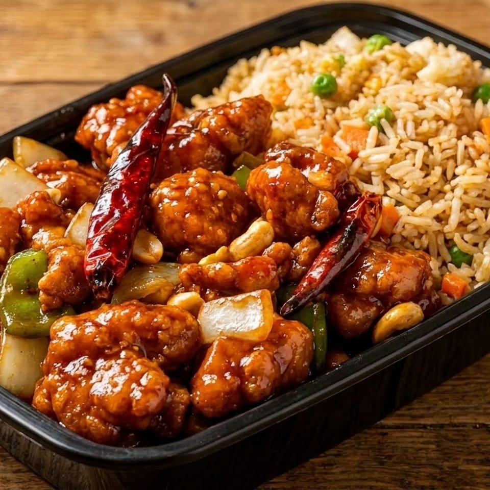 Kung Pao chicken with cashews, peppers, and onions, served with fried rice in a black takeout container.